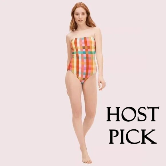 NWT Kate Spade checkered plaid bandeau neckline / halter one piece swimsuit, S - Picture 1 of 8